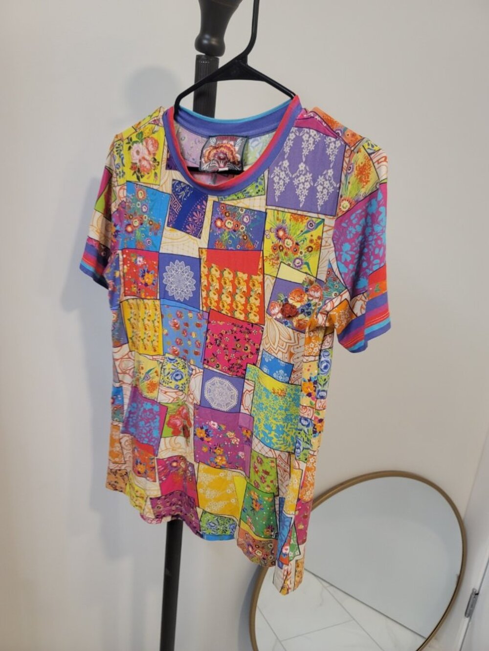 NWOT-Johnny Was Multicolor Patchwork Tee - Yellow, Pink, Blue, Purple, Green